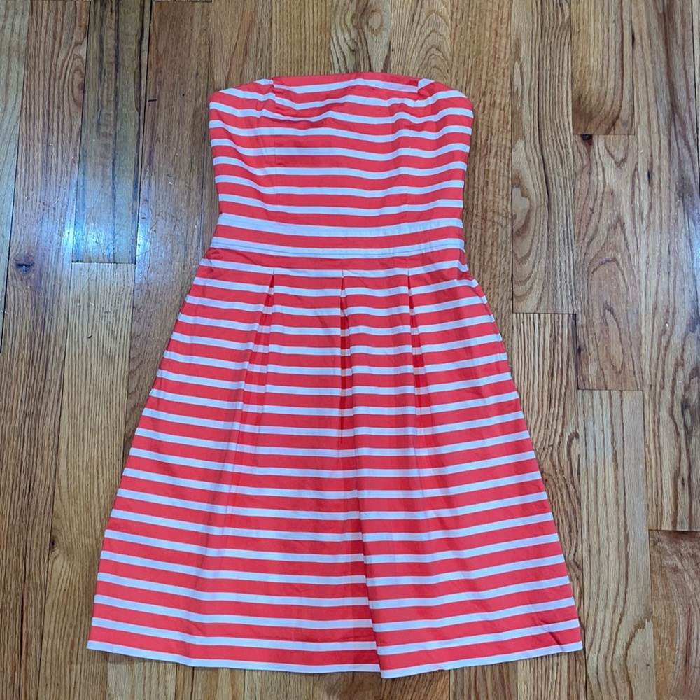 GAP Lee Sateen coral striped strapless mini dress  pockets fit flare SZ 4